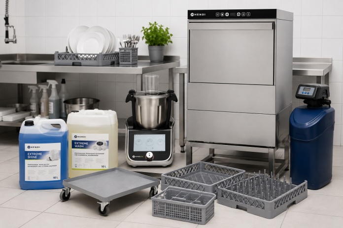 Zestaw zmywarka HENDI PROMO_SET_DISHWASHER w stanowisku zmywania gastronomicznego z uzdatniaczem, koszami i chemią
